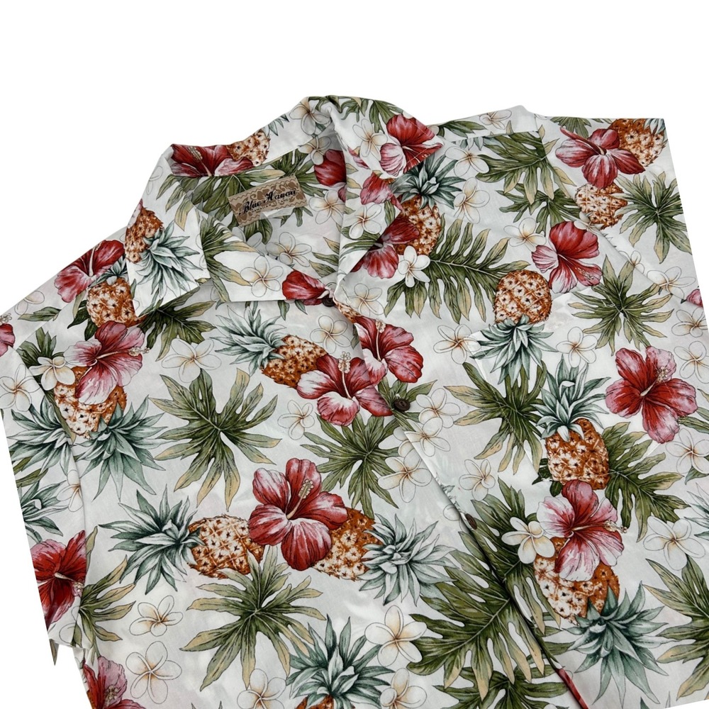 Blue Hawaii Mens Aloha Shirt M White Pineapple Hibiscus Cotton Made in Hawaii